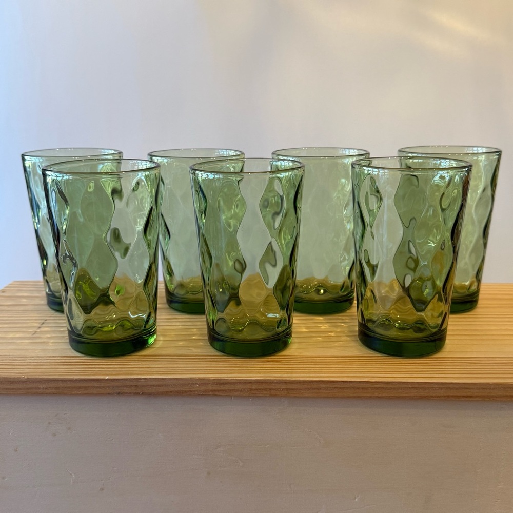 Vintage MCM Hazel Atlas Green‎ Juice Glass Diamond Optic Green 6 oz Set of 7